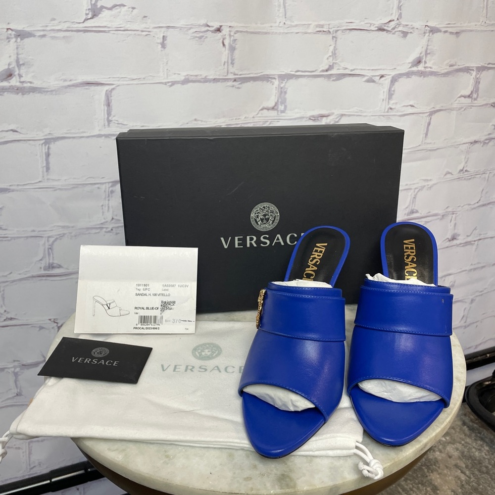 Versace Royal Blue Leather Slide Mules with Gold Medusa Accent